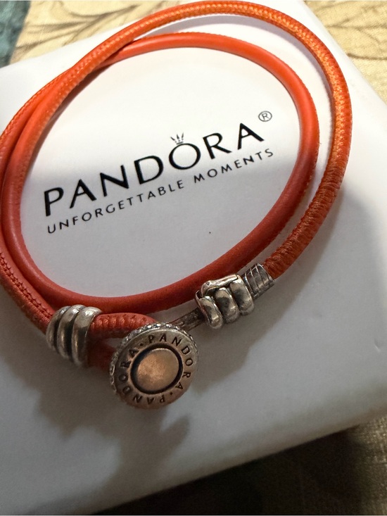 Pandora Jewelry - Authentic Pandora Orange Leather Double Wrap Bracelet Silver